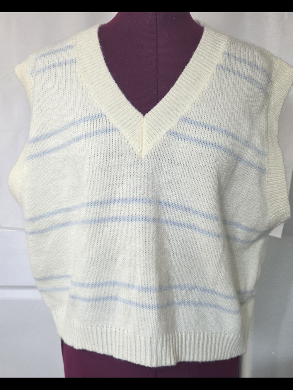 FRNCH Cream Knit V‑Neck Sweater Vest with Pale Blue Stripes Coastal Soft Girl